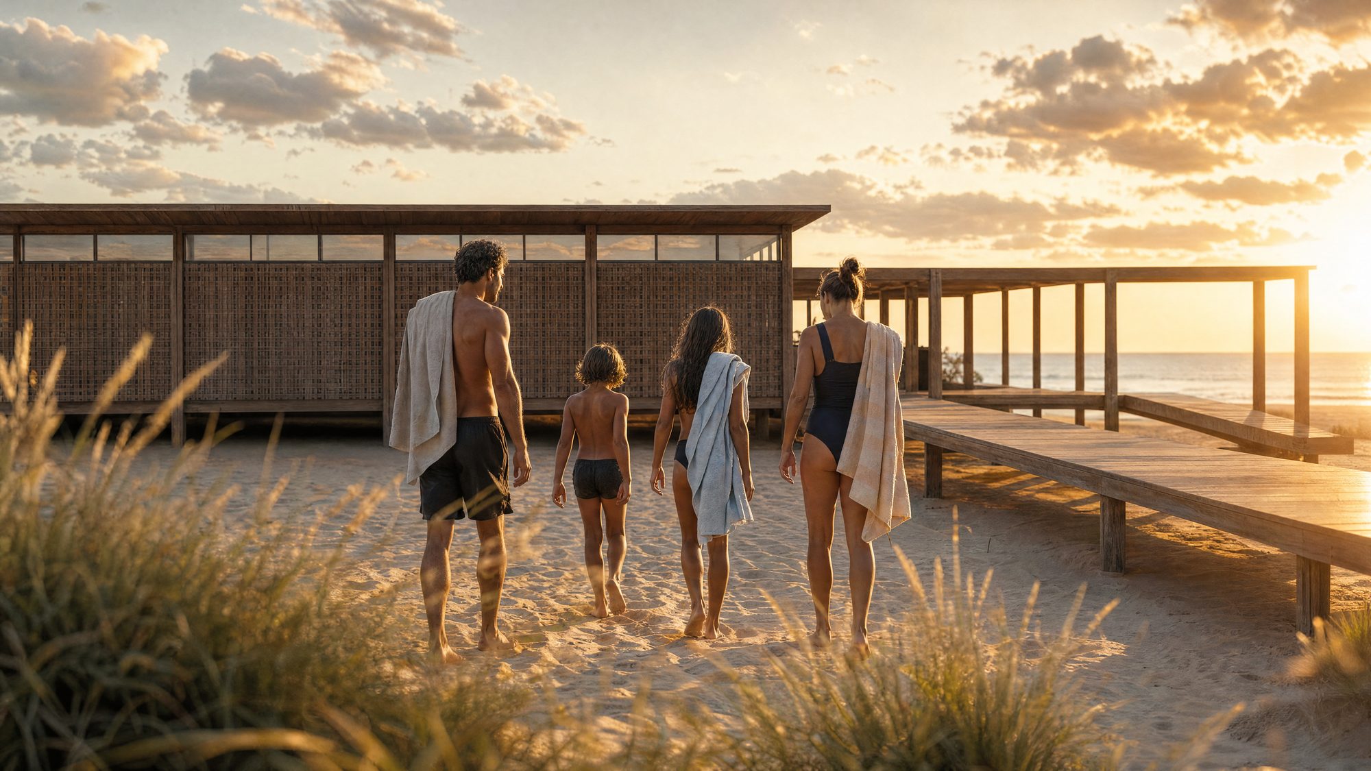 A family heading down to the beach