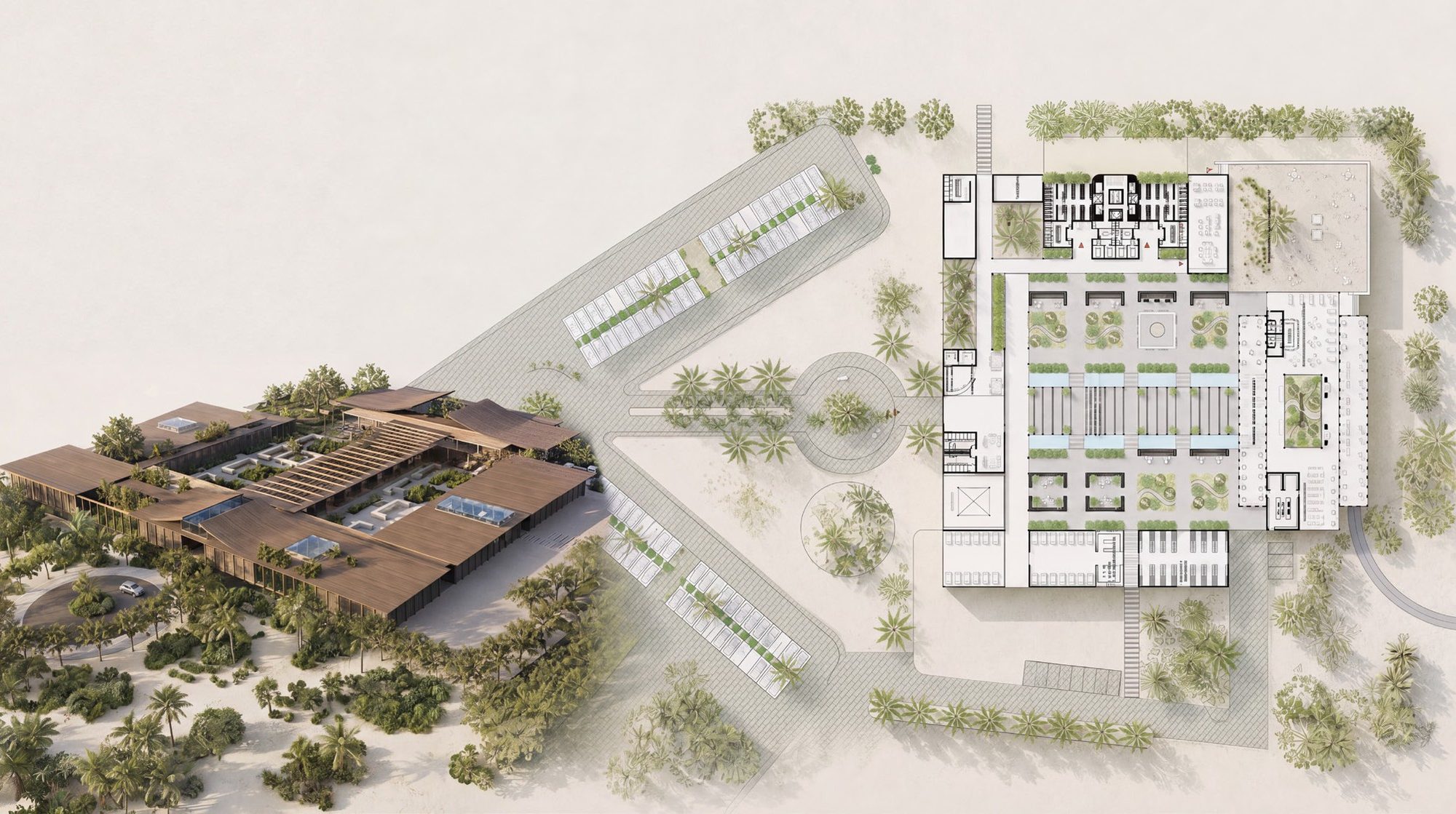Axonometric view of the club house and general plan of the complex