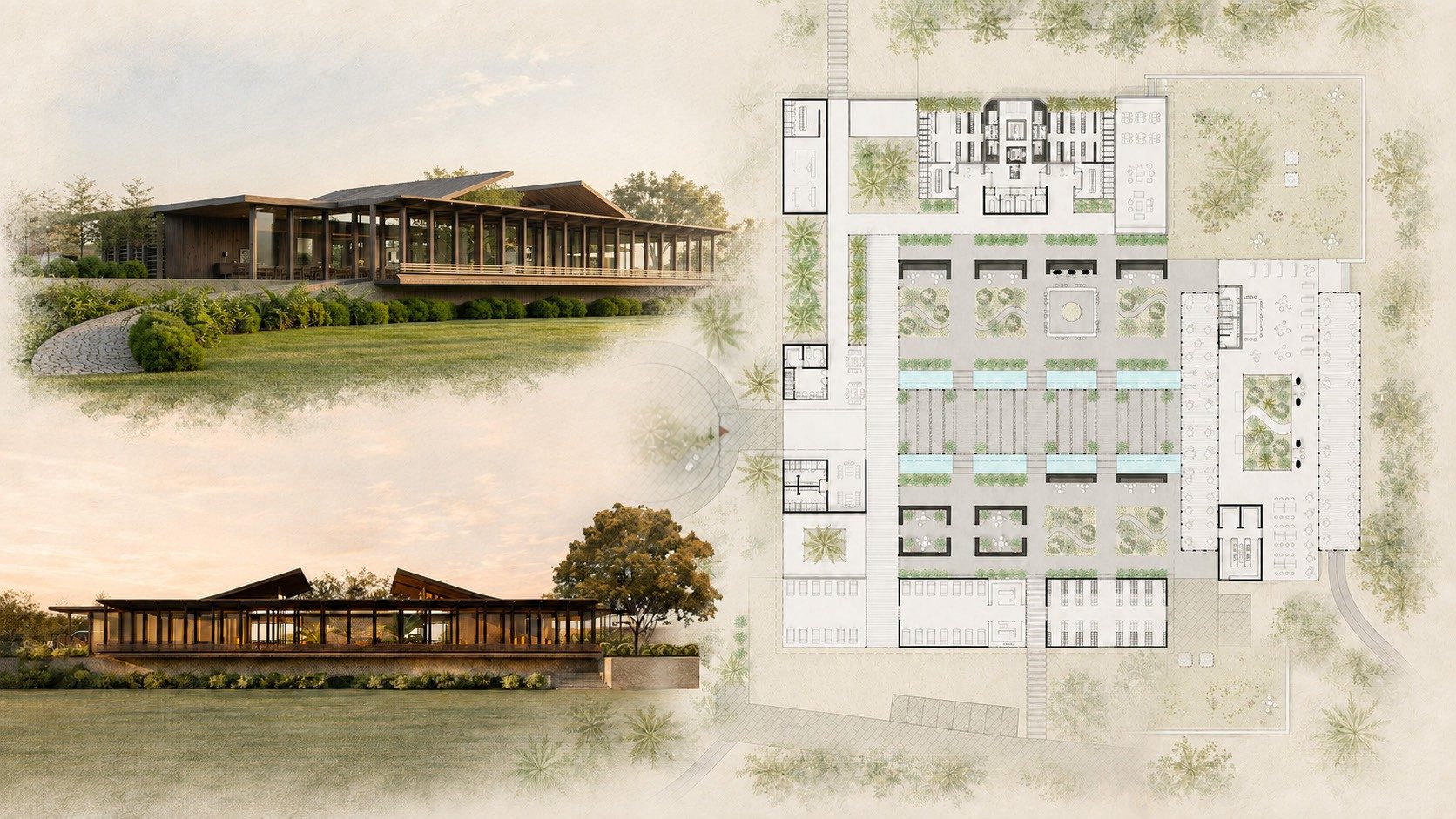 Ground floor of the club house with exterior views