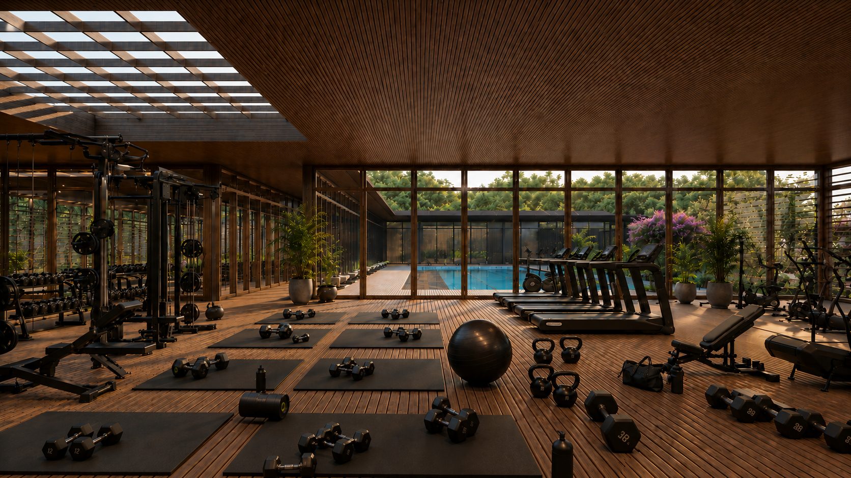 Gym with garden views